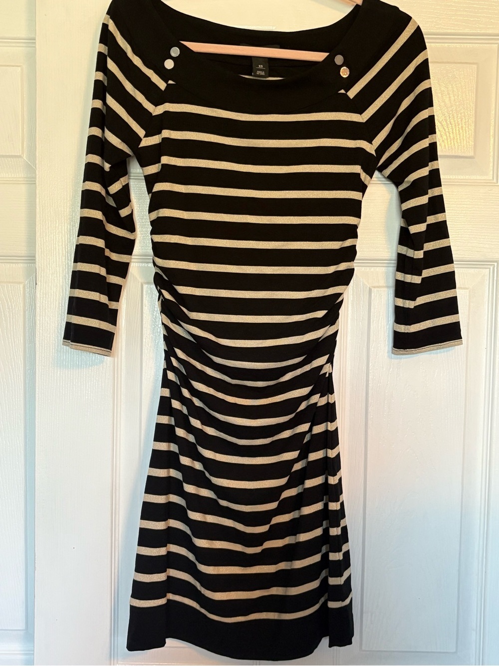 White House Black Market Black and Cream Striped Long Sleeve Dress